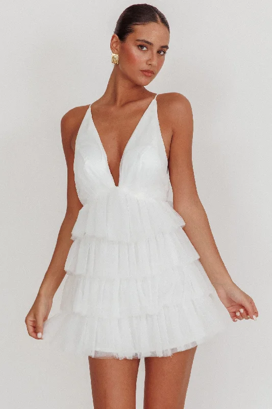 Auguste Tiered Ruffle Tulle Mini Dress White