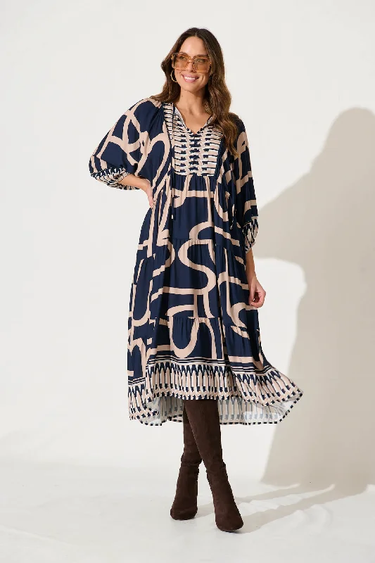 Barrymore Midi Dress In Navy With Beige Border Print