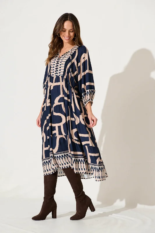 Barrymore Midi Dress In Navy With Beige Border Print