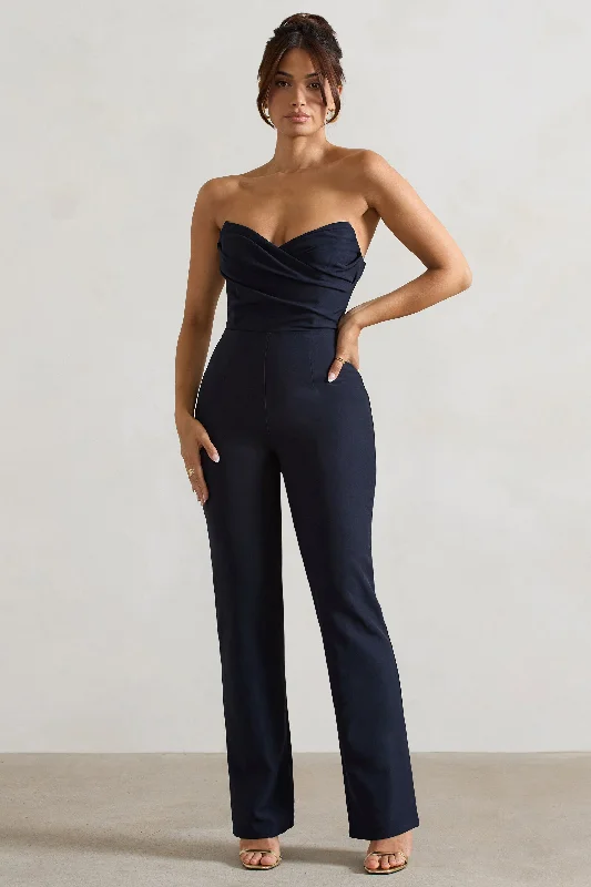 Bellezza | Navy Bandeau Corset Wide Leg Jumpsuit