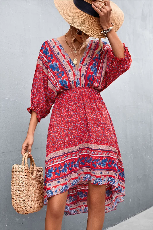 Bohemian V-neck Flower Irregular Backless Dress Dresses