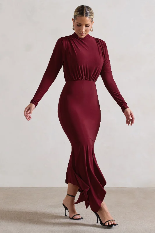 Carla | Berry High-Neck Midi Dress With Draped Hem