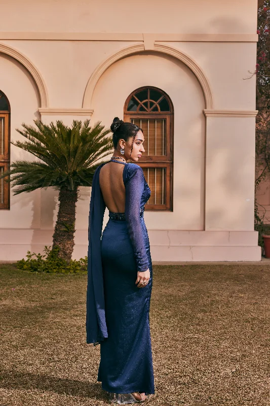 Shifaa Navy Blue Hand-Embroidered Shimmer Saree Gown