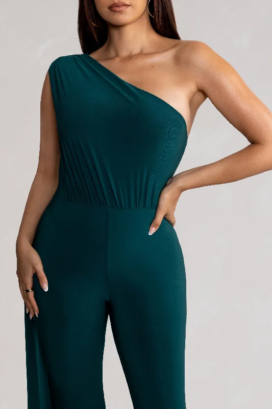 Aurora | Deep Green One Shoulder Cape Sleeve Jumpsuit