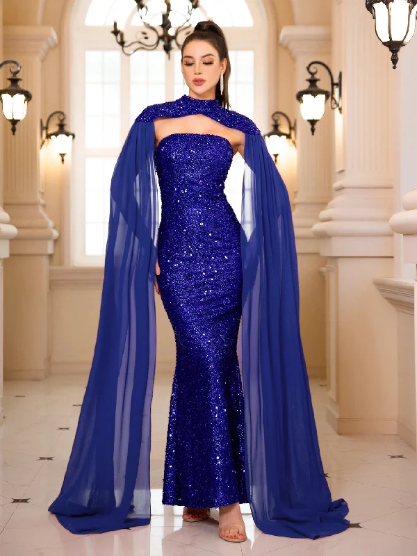 Elegant Strapless Detachable Shawl Sequin Party Dress