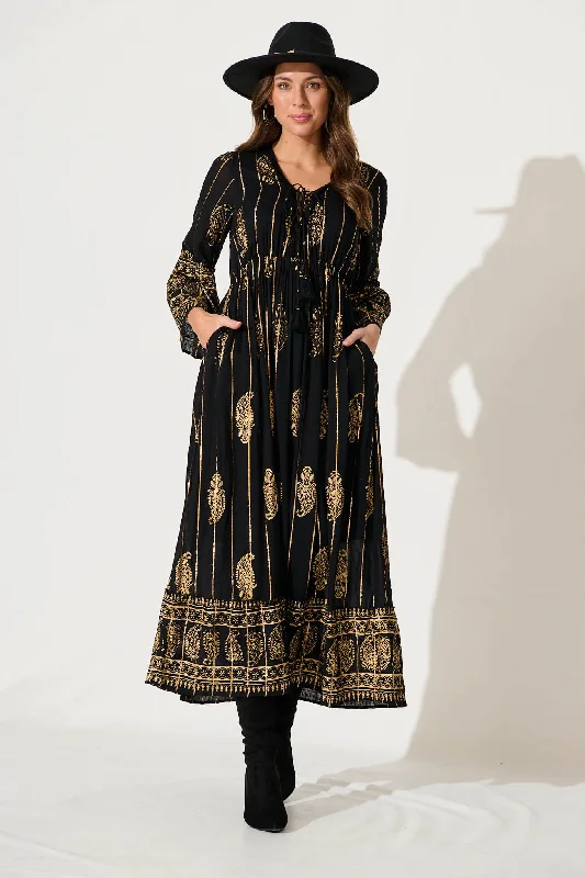 Ellie Maxi Dress In Black With Gold Print