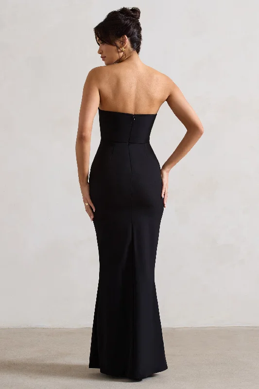 Enticed | Black Strapless V-Neck Maxi Dress With Flowers