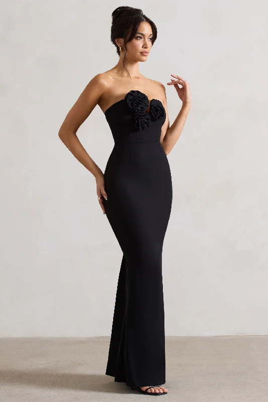 Enticed | Black Strapless V-Neck Maxi Dress With Flowers