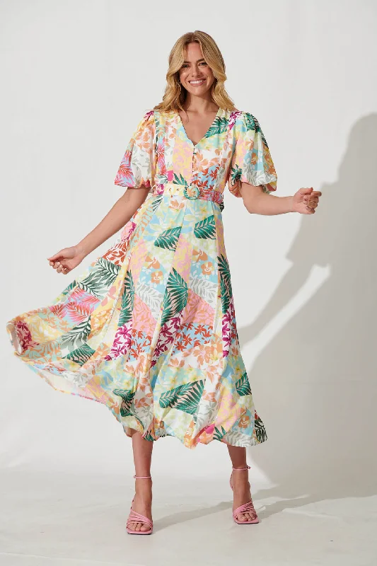 Felice Maxi Dress In Bright Leaf Patchwork Print