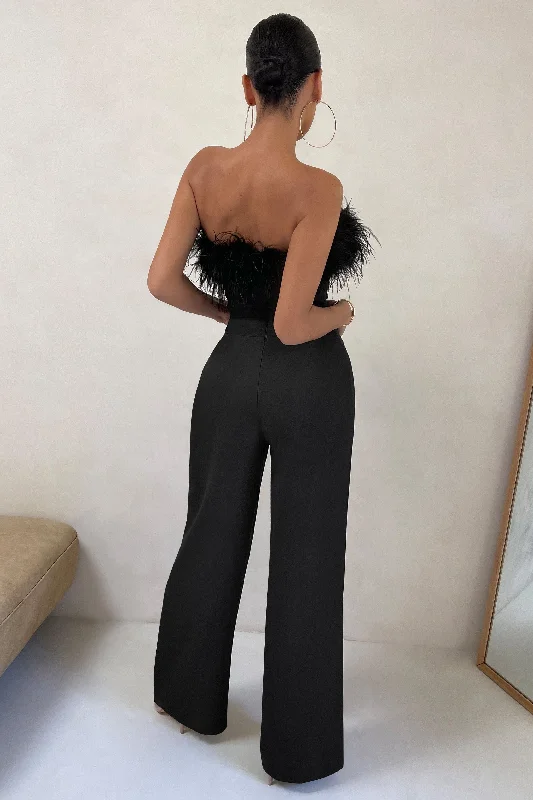 First Class | Black Bandeau Feather Wide Leg Jumpsuit