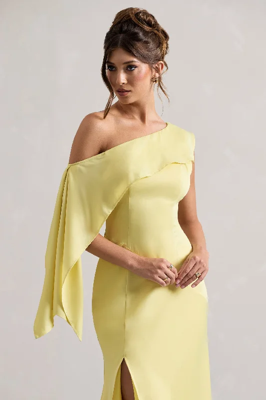 Freesia | Lemon Satin Asymmetric Draped Split Maxi Dress