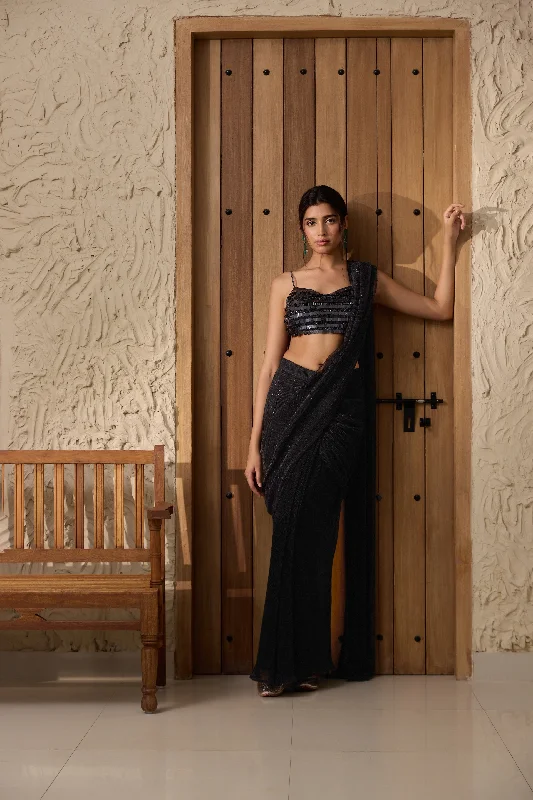 Humaida Black Shimmer Pre- Draped Saree Set