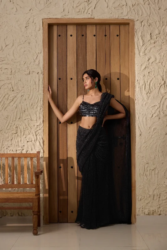 Humaida Black Shimmer Pre- Draped Saree Set