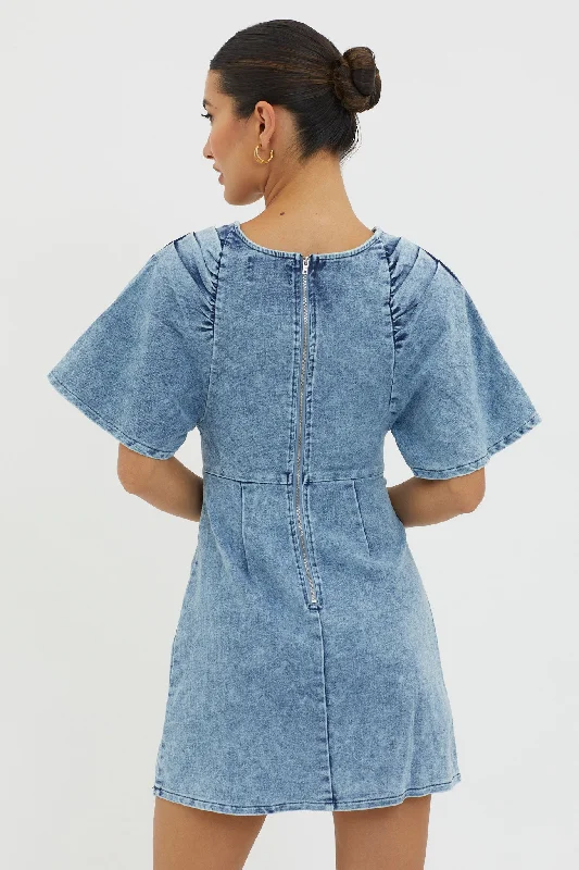 Jessika Pleated Bust Mini Dress Denim Blue