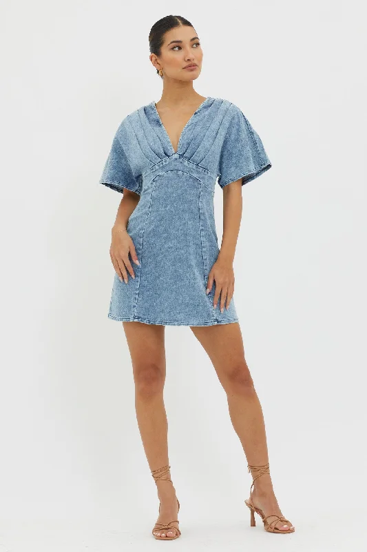 Jessika Pleated Bust Mini Dress Denim Blue