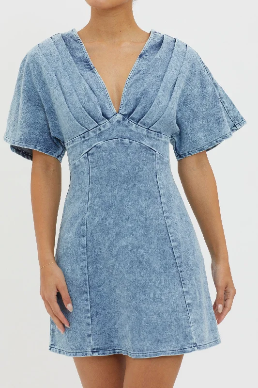 Jessika Pleated Bust Mini Dress Denim Blue