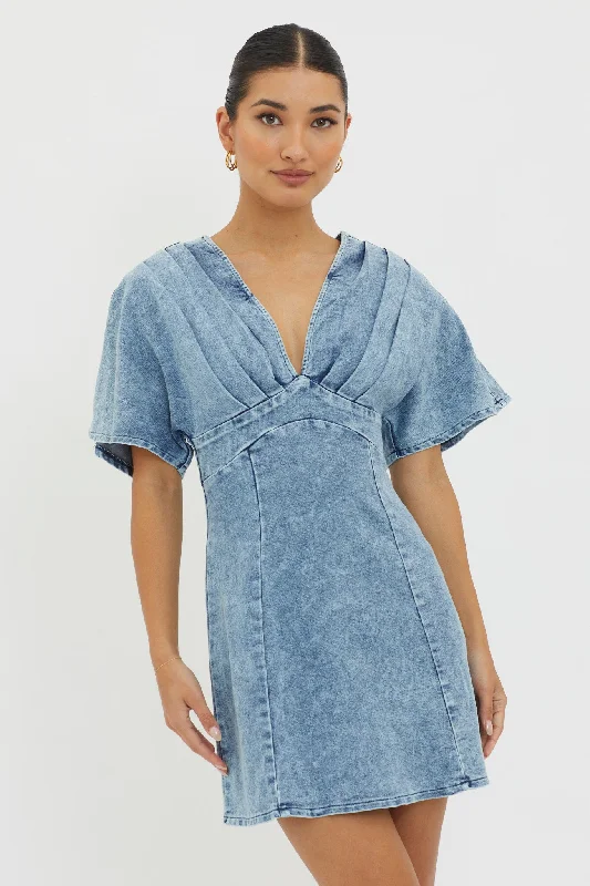 Jessika Pleated Bust Mini Dress Denim Blue