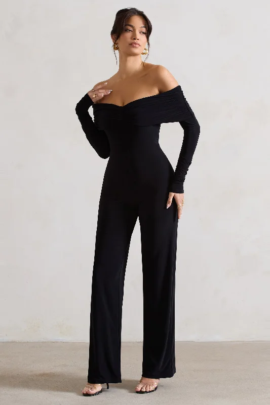 Jules | Black Bardot Long-Sleeve Straight-Leg Jumpsuit