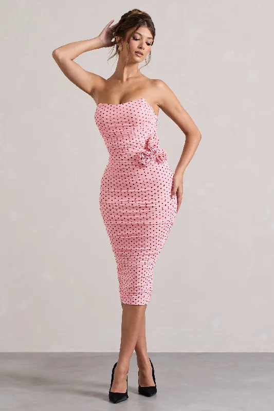 Lille | Pink Polka Dot Ruched Mesh Strapless Midi Dress With Corsage