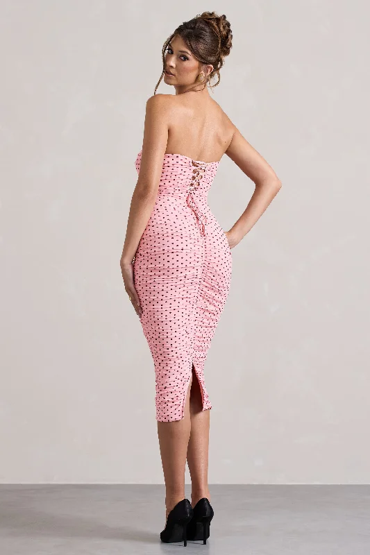 Lille | Pink Polka Dot Ruched Mesh Strapless Midi Dress With Corsage