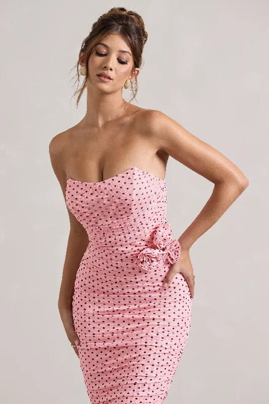 Lille | Pink Polka Dot Ruched Mesh Strapless Midi Dress With Corsage