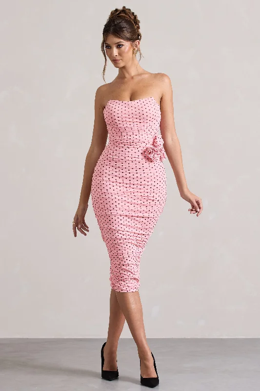 Lille | Pink Polka Dot Ruched Mesh Strapless Midi Dress With Corsage