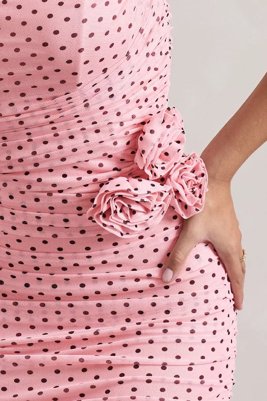 Lille | Pink Polka Dot Ruched Mesh Strapless Midi Dress With Corsage