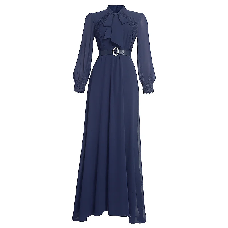 Long Sleeve Evening Chiffon Plus Size Belt Dress