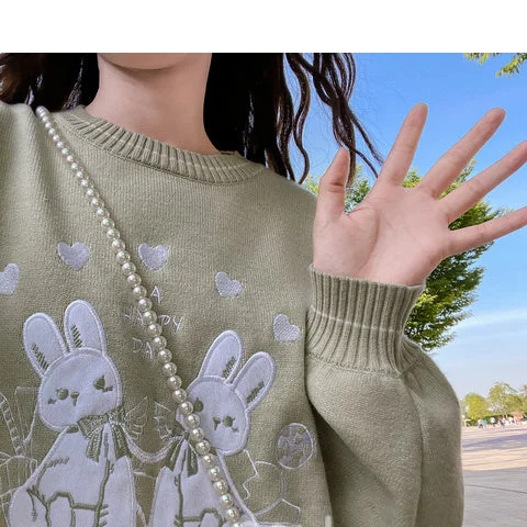 Flytonn-Graduation gift, dressing for the Coachella Valley Music Festival,Loose Cute Rabbit Embroidery Knitted Sweater