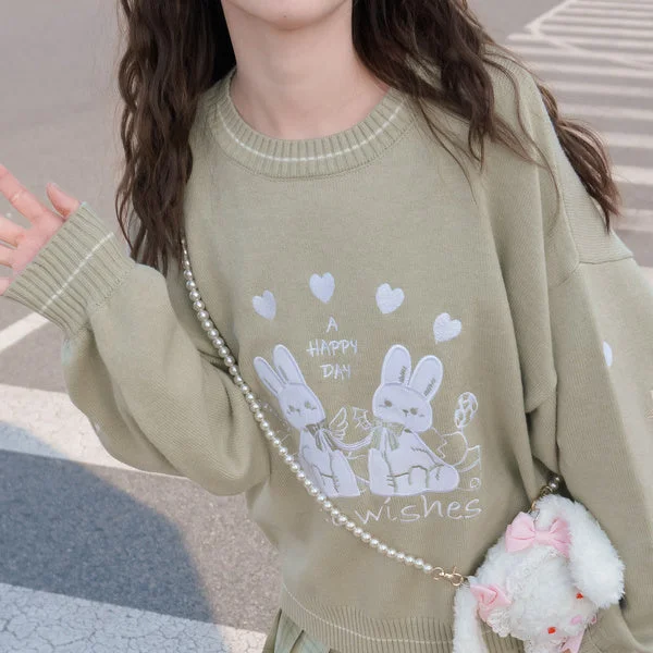 Flytonn-Graduation gift, dressing for the Coachella Valley Music Festival,Loose Cute Rabbit Embroidery Knitted Sweater