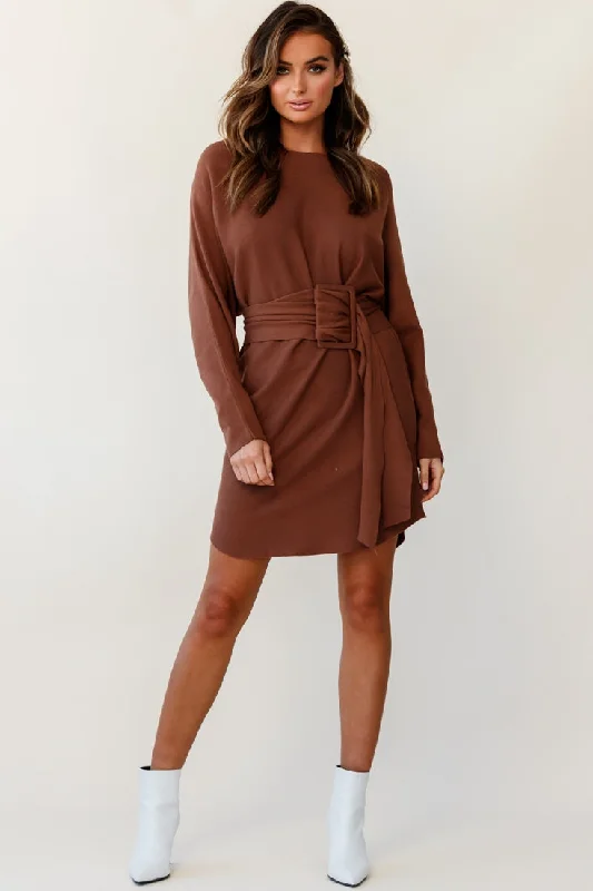 Lorelei Long Sleeve Wide Belt Knit Dress Camel