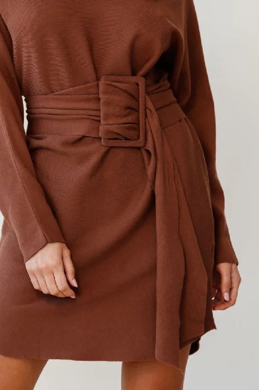 Lorelei Long Sleeve Wide Belt Knit Dress Camel