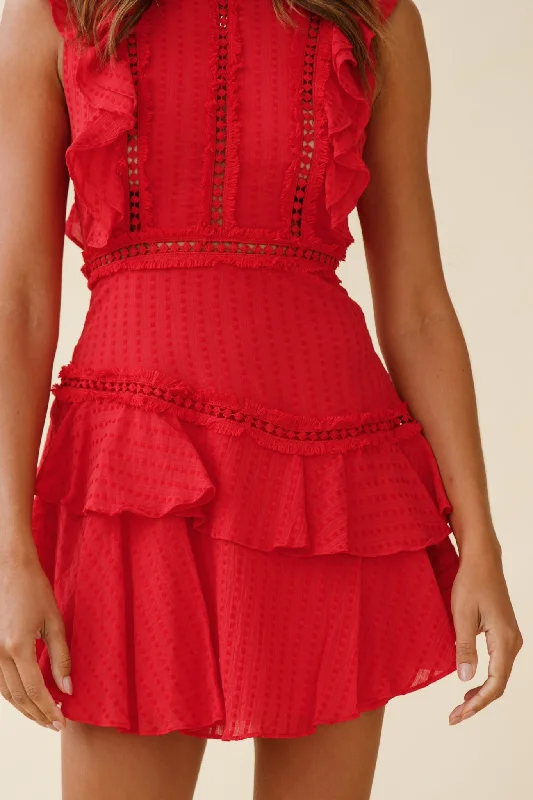 Melrose Sleeveless Crochet & Ruffle Detail Dress Red