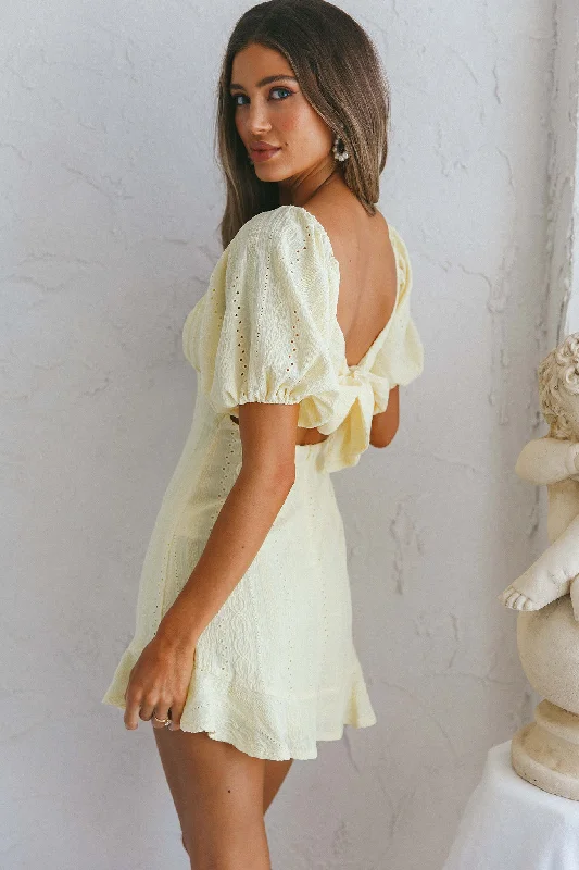 Mikayla Puff Sleeve Tied Back Eyelet Embroidery Dress Yellow