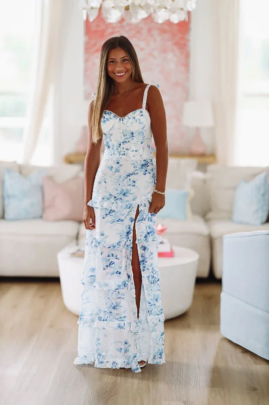 Must Be Love Floral Maxi Dress - Blue and White