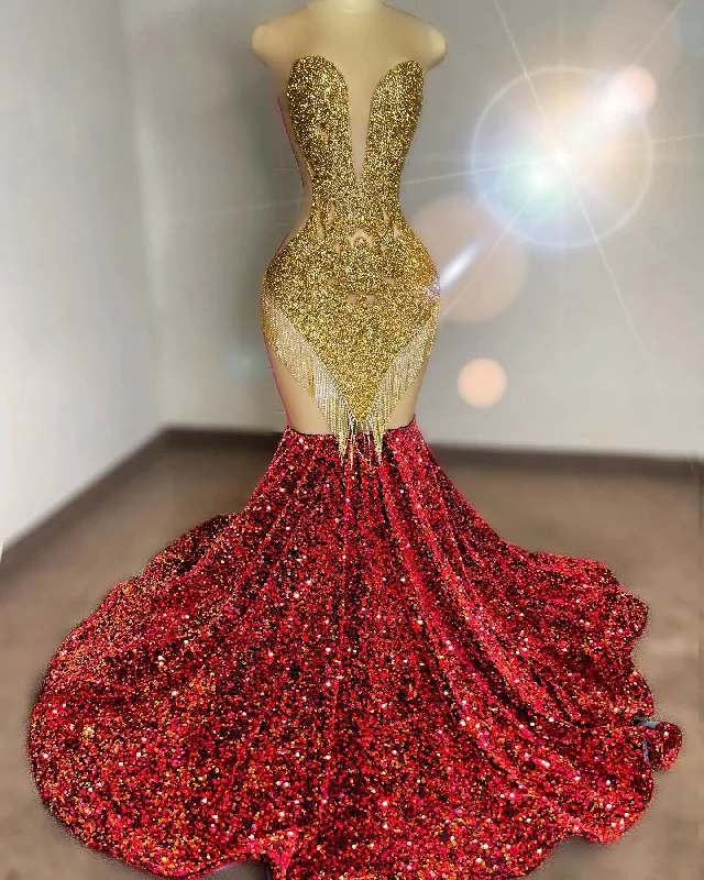 Ocstrade Handmade Rhinestone Tassel Body Hugging Prom Dresses 2023 Backless Sling Gold Sequin Banquet Evening Party Dress