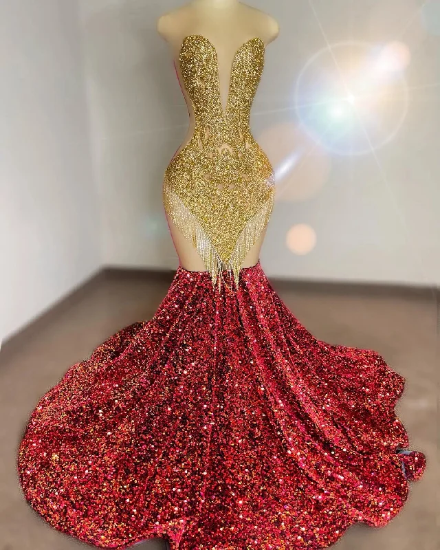 Ocstrade Handmade Rhinestone Tassel Body Hugging Prom Dresses 2023 Backless Sling Gold Sequin Banquet Evening Party Dress