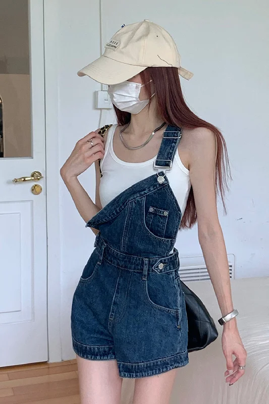 Flytonn-Graduation gift, dressing for the Coachella Valley Music Festival,One Shoulder Asymmetrical Mini Denim Jumpsuit