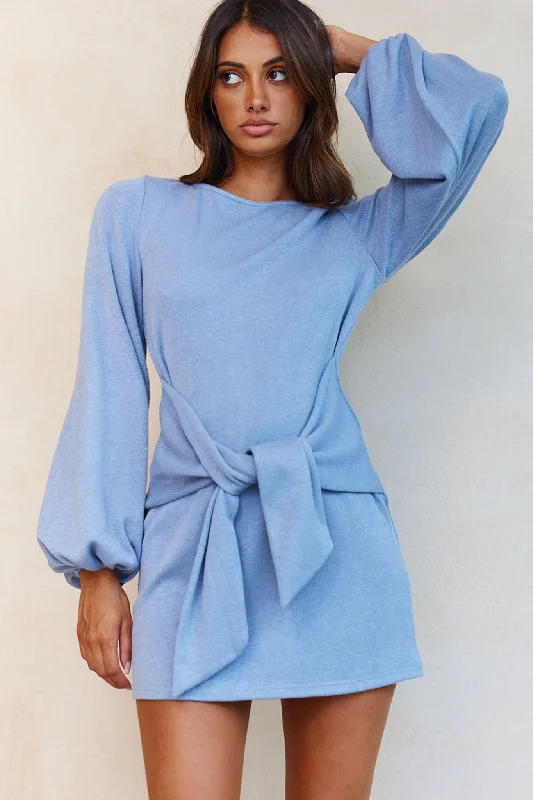 Rapt Waist Tie Balloon Sleeve Knit Dress Blue