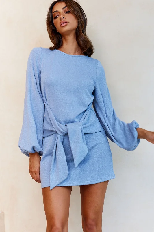 Rapt Waist Tie Balloon Sleeve Knit Dress Blue