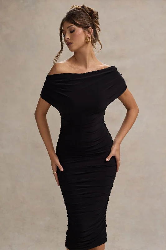 Rayleigh | Black Bardot Ruched Midi Dress