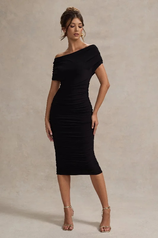 Rayleigh | Black Bardot Ruched Midi Dress