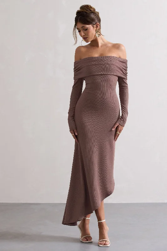 Romina | Mocha Rib Knit Bardot Maxi Dress With Asymmetric Hem