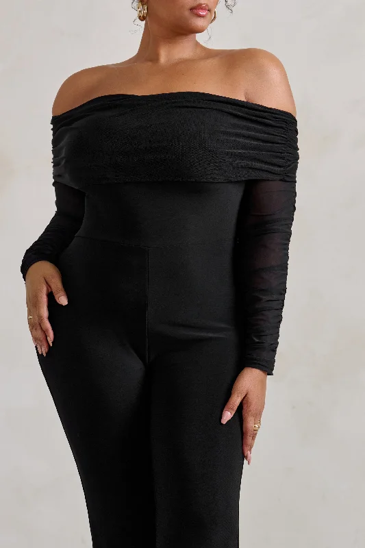 Whisper | Black Ruched Mesh Bardot Jumpsuit