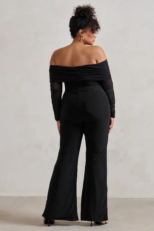 Whisper | Black Ruched Mesh Bardot Jumpsuit