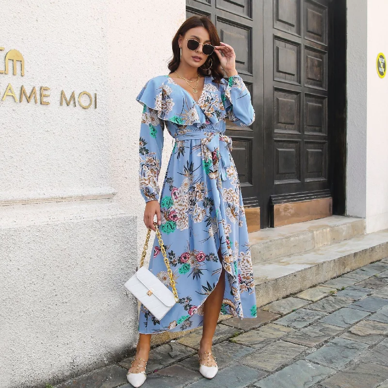 Ruffled Collar Long Lantern Sleeve Floral Dress