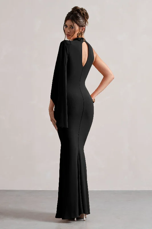 Samaya | Black High-Neck Cape-Sleeve Maxi Dress