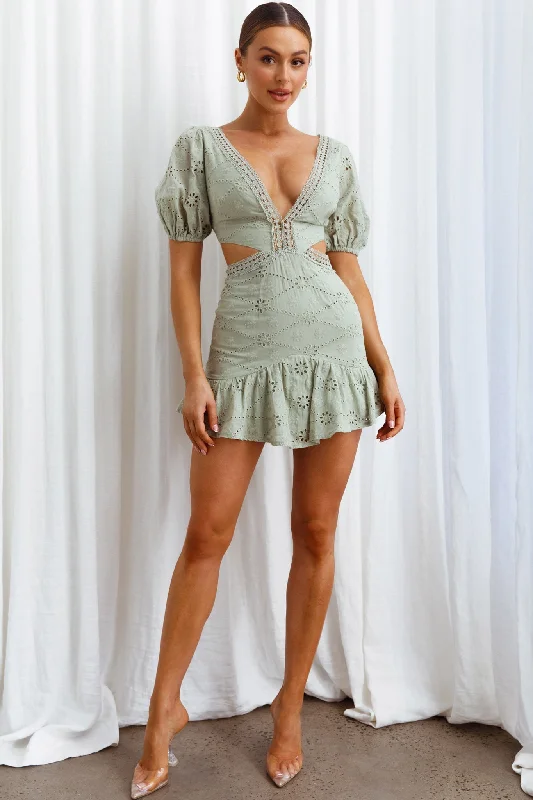 Santorini Sunset Puff Sleeve Cut-Out Eyelet Dress Sage