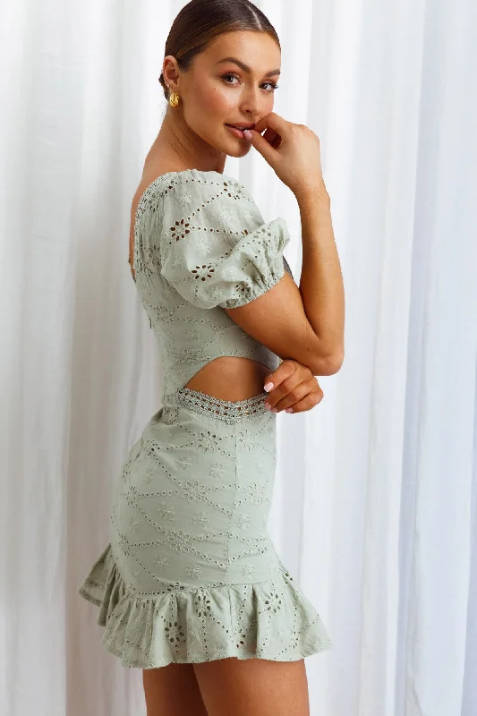 Santorini Sunset Puff Sleeve Cut-Out Eyelet Dress Sage