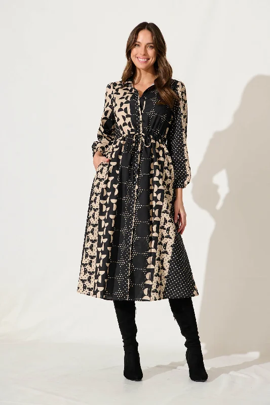 Shania Midi Shirt Dress In Black With Beige Geometric Cotton